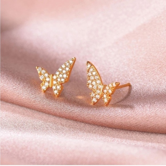 GOLD 14k Gold Plated Cubic Zirconia Butterfly Stud Earrings - Picture 2 of 3